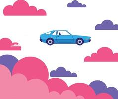 Blue car soaring through colorful clouds in a flat design illustration vector