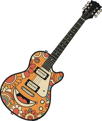 Colorful electric guitar with floral designs in a flat art style showcasing vibrant patterns and retro aesthetics