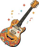 Colorful electric guitar with playful design in flat art style featuring floral patterns and cheerful expression illustration vector