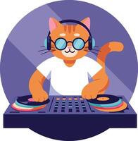 A playful orange cat DJ mixing music on turntables in a flat, colorful illustration vector
