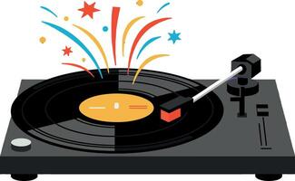 Turntable with vibrant colors and playful fireworks in a flat illustration vector
