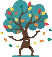 Happy cartoon tree character with colorful leaves in a playful flat illustration vector