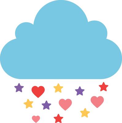 Blue cloud raining colorful hearts and stars in a flat illustration