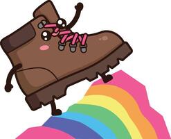 Brown hiking boot with playful expression stepping on colorful rainbow hill art vector
