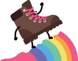 Happy hiking boot character triumphantly standing on a colorful rainbow hill in flat art vector
