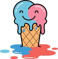 Smiling ice cream cone with blue and pink scoops melting in a playful flat illustration vector