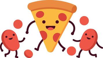 Happy pizza slice character dancing joyfully with playful red beans in a colorful flat illustration vector