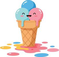 Cute ice cream cone with smiling scoops in pastel colors, flat art vector