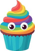 Colorful cupcake with rainbow frosting and playful eyes in flat art vector