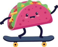 Cheerful taco character performing tricks on a skateboard in a flat, playful design style illustration vector