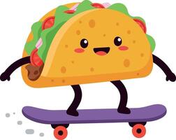 A cheerful taco character skating on a colorful skateboard in a playful flat illustration vector