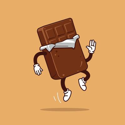 Chocolate bar character with arms and legs dancing playfully in minimal art