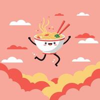 Cheerful bowl of noodles with chopsticks dancing among fluffy clouds in playful flat art vector