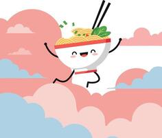 Happy bowl of noodles with chopsticks in a playful, minimal style, floating among fluffy clouds, illustration vector