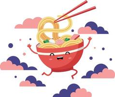 Cheerful animated bowl of noodles with chopsticks in a playful flat illustration vector