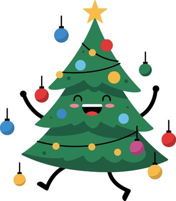 Happy cartoon Christmas tree with ornaments and star in a flat art style