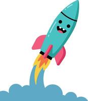 Colorful cartoon rocket launching into space with cheerful expression, flat illustration vector