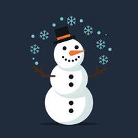 Snowman with Black Hat and Carrot Nose Surrounded by Falling Snowflakes in Flat Art vector