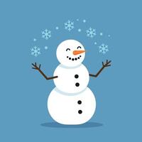 Happy snowman with a big smile in a flat art style surrounded by falling snowflakes vector