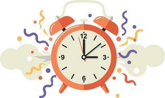 Vibrant red alarm clock with colorful confetti in flat art vector