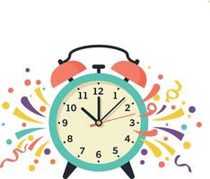 Alarm clock with colorful confetti and streamers in a flat illustration vector