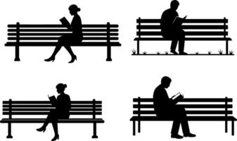 Silhouetted figures reading on benches in a minimal style illustration vector