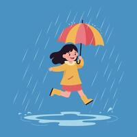 Happy child jumping in puddles with colorful umbrella in minimal illustration vector