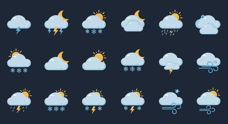 Weather icons featuring various conditions in flat design style art