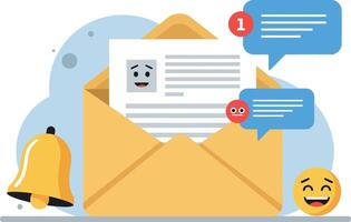 Email envelope with notifications, chat bubbles, and icons in flat art vector