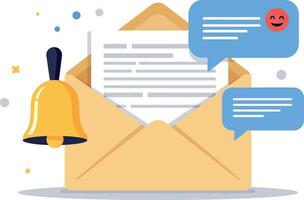 Envelope with notification bell and chat bubbles in flat illustration style vector