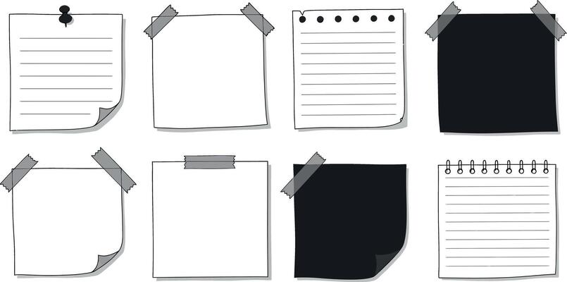Various styles of sticky notes with tape in flat design art