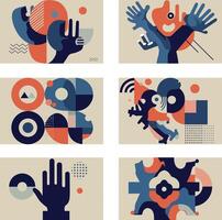 Abstract hands and shapes in bold colors showcasing modern flat design art vector