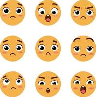 Nine expressive emoticons featuring various facial expressions in a flat design style illustration vector
