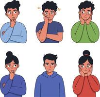 Six diverse characters expressing various emotions in a minimal flat design illustration vector
