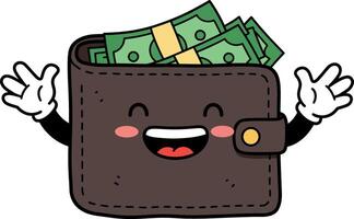 Happy cartoon wallet with cash and cheerful expression in flat art vector