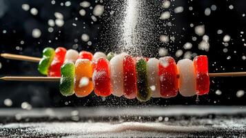 Vibrant Skewered Gummies Sprinkled with Sugar in Motion photo