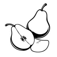 A Simple Line Drawing Of Pears One Whole And One Sliced In Half Showing Seeds And A Separate Slice vector