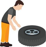 Man putting a tire on a car vector