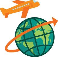 An airplane flying around the earth with an arrow vector