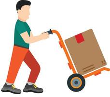 A man pushing a hand truck with a box on it vector