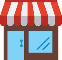 A small shop with a red and white awning vector
