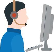 A man wearing a headset is sitting in front of a computer vector
