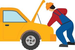 A man is fixing a car with a broken hood vector