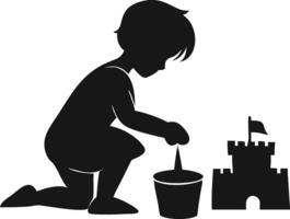 Silhouette Of Child Building Sandcastle At Beach vector