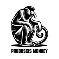 Detailed Silhouette of Proboscis Monkey in Black vector
