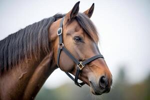 Horse portrait with bridle a close-up showcases its beauty and calm demeanor in nature. photo