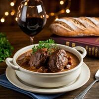 Hearty beef stew served in a cream colored ceramic bowl, paired with red wine and artisan bread. photo