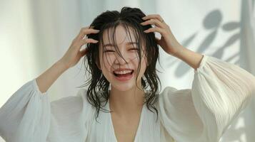 Joyful woman with wet hair, hands on her head, beaming smile in a bright, light-filled space. photo