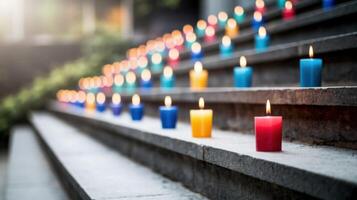 Candles line stone steps with colorful flames, creating a reflective and serene atmosphere. photo