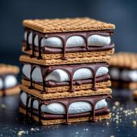 Stacked S'mores Graham crackers, marshmallows, and rich chocolate in a sweet layered treat. photo